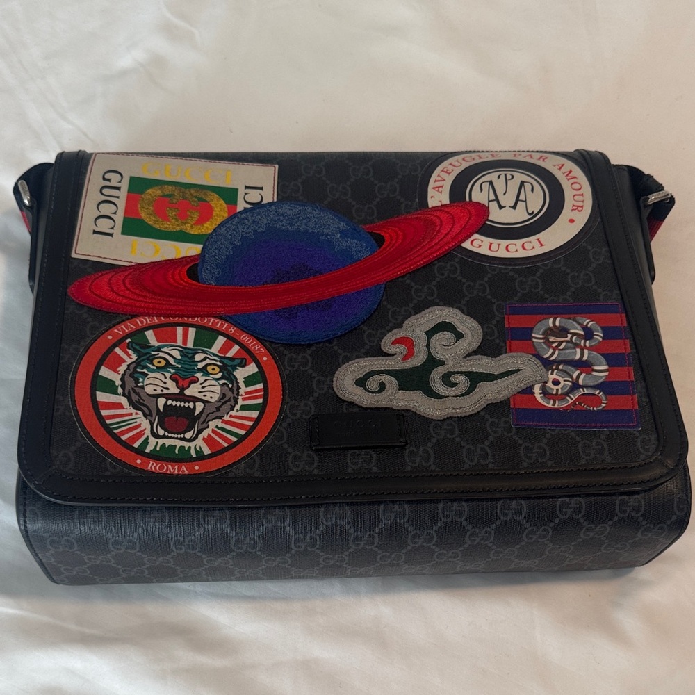 Gucci Black Messenger Bag with Colorful Patches